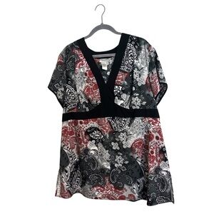 Fashion Bug Stretch Y2K Black Red‎ Paisley Tunic Top Size 26/28W